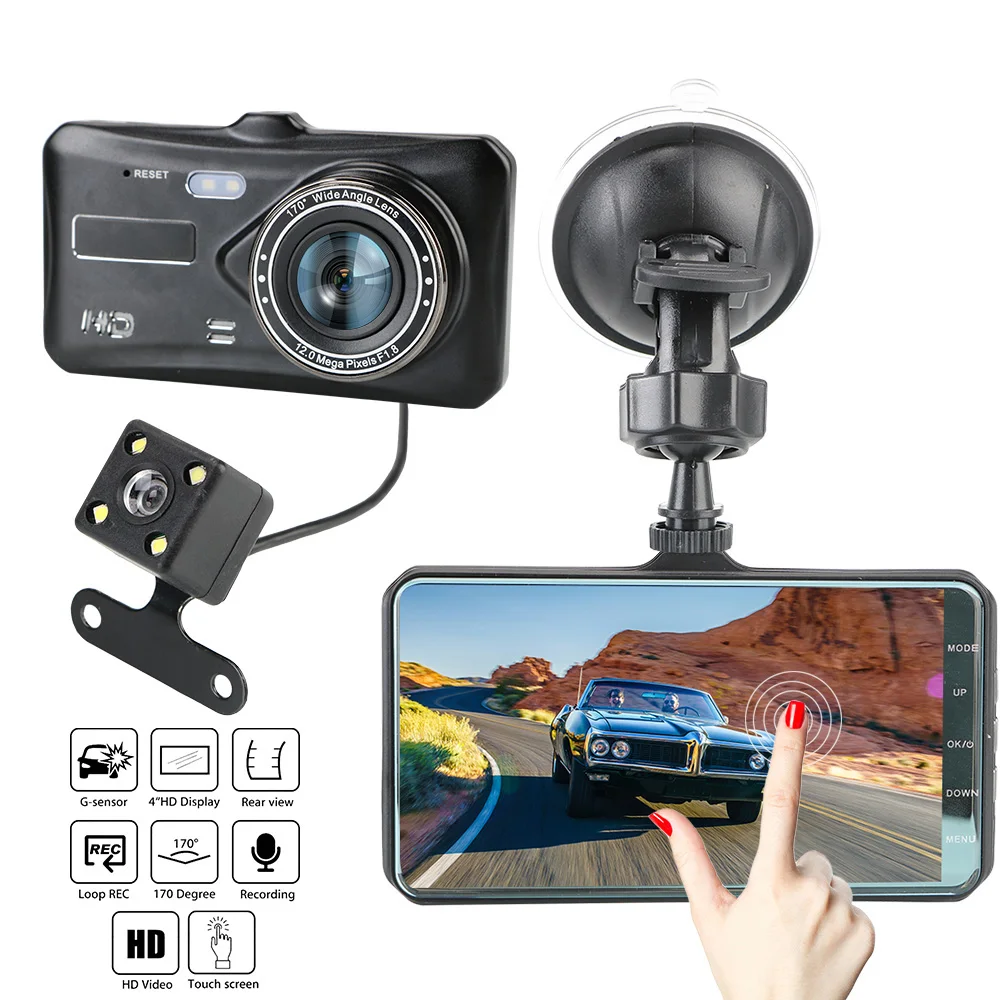 

Видеорегистратор 4 "HD 1080P с сенсорным экраном, автомобильные аксессуары, Автомобильный видеорегистратор с акселерометром, WDR Автомобильный видеорегистратор с двумя объективами, видеорегистратор