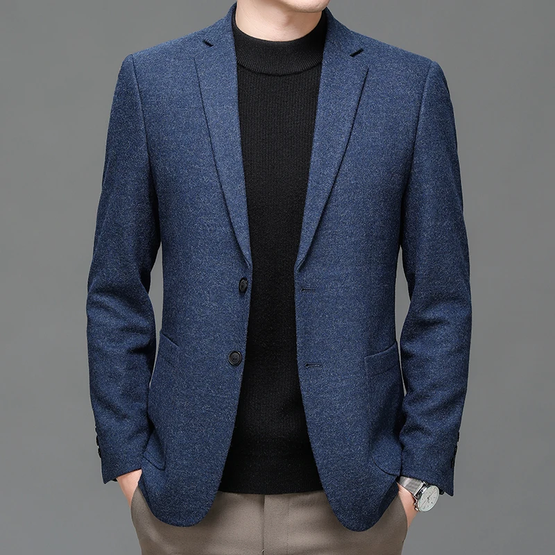 

England Style Men Blue Gray Wool Blazers Spring Autumn Elegant Sheep Woolen Jacket Suit Male Outfit Of The Day Office Fashion