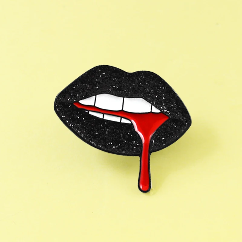 

Shiny black Lips Brooch flowing out of Red Blood brooch Enamel Pin creative Badge Shirt denim leather Fashion accessories Spille