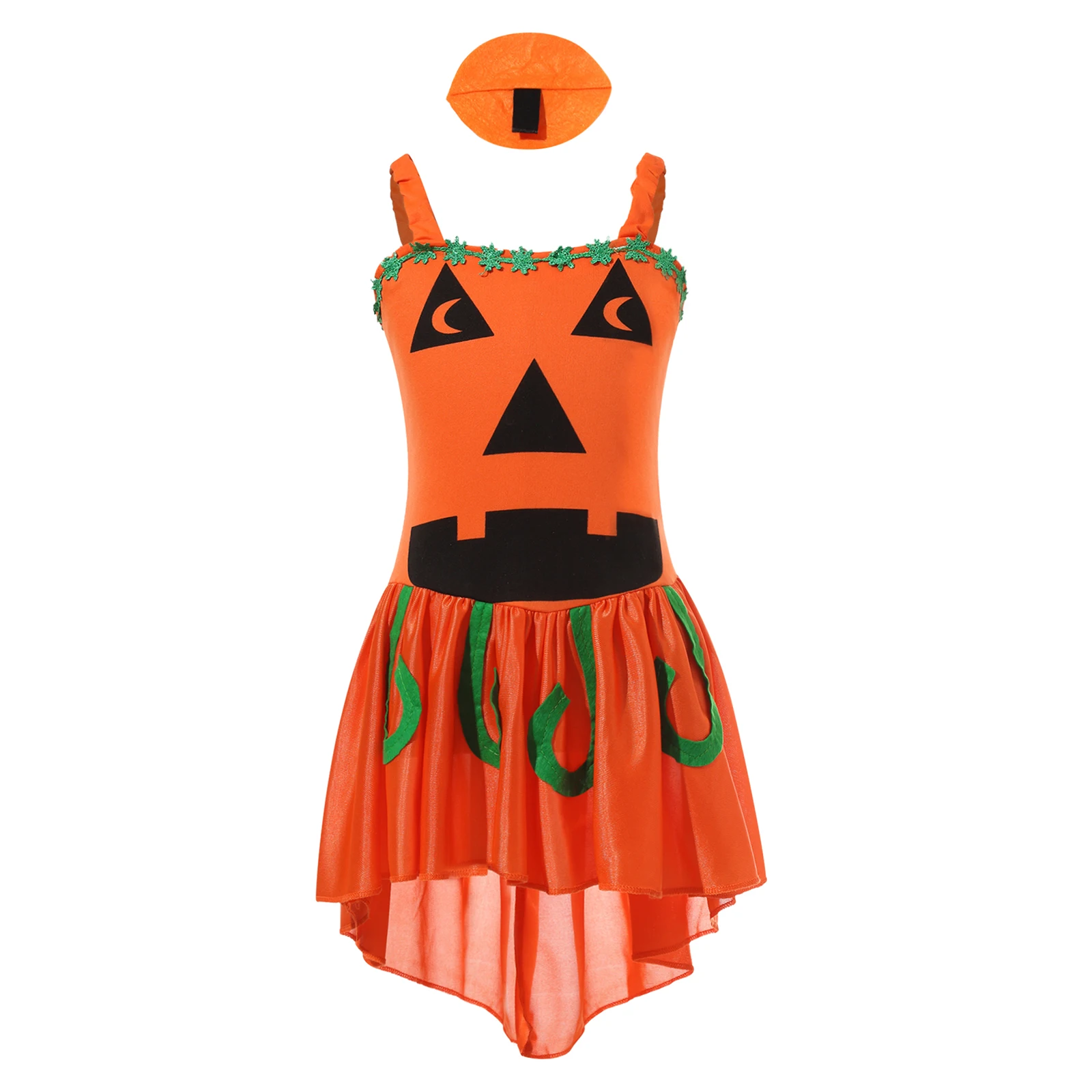 

Kids Girls Halloween Witch Cosplay Costumes Theme Party Sorceress Role Play Sleeveless Specter Print Pumpkin Dress with Hairpin