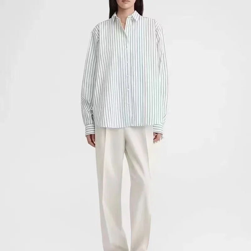 

2024 Women Early Spring New Classic Striped Cotton Poplin A-line Asymmetric Long-sleeved Shirt