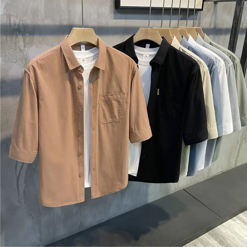 

2024 New Summer Simplified Korean Edition Casual Loose Versatile Handsome Polo Collar Solid Color Mid Sleeved Shirt for Men