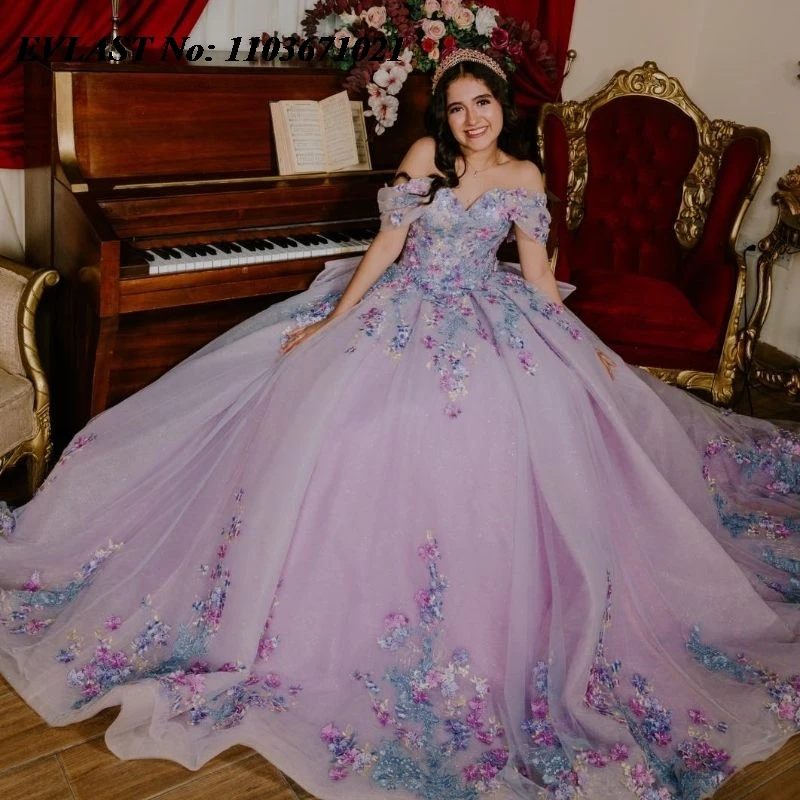 

EVLAST Mexican Lilac Quinceanera Dress Ball Gown 3D Floral Applique Beading Daimond Corset Sweet 16 Vestidos De XV 15 Anos SQ117