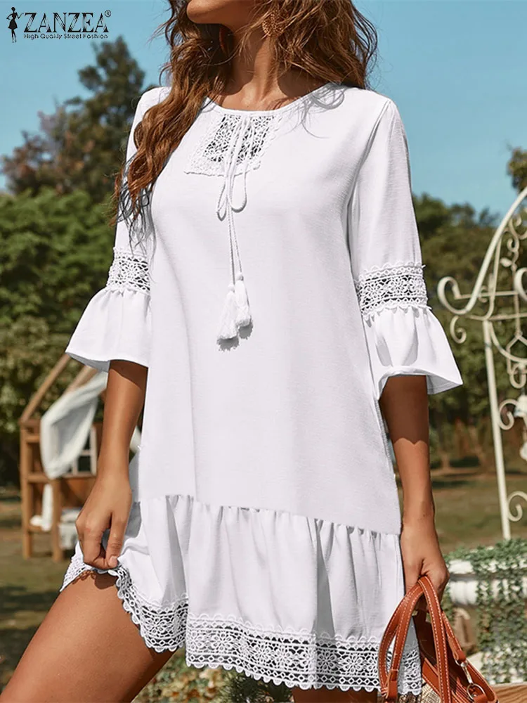 

Women Hoilday Short Robes ZANZEA Summer Casual Lace Insert Mini Dress Round Neck Tassel Sundress 3/4 Flare Sleeve Loose Vestidos