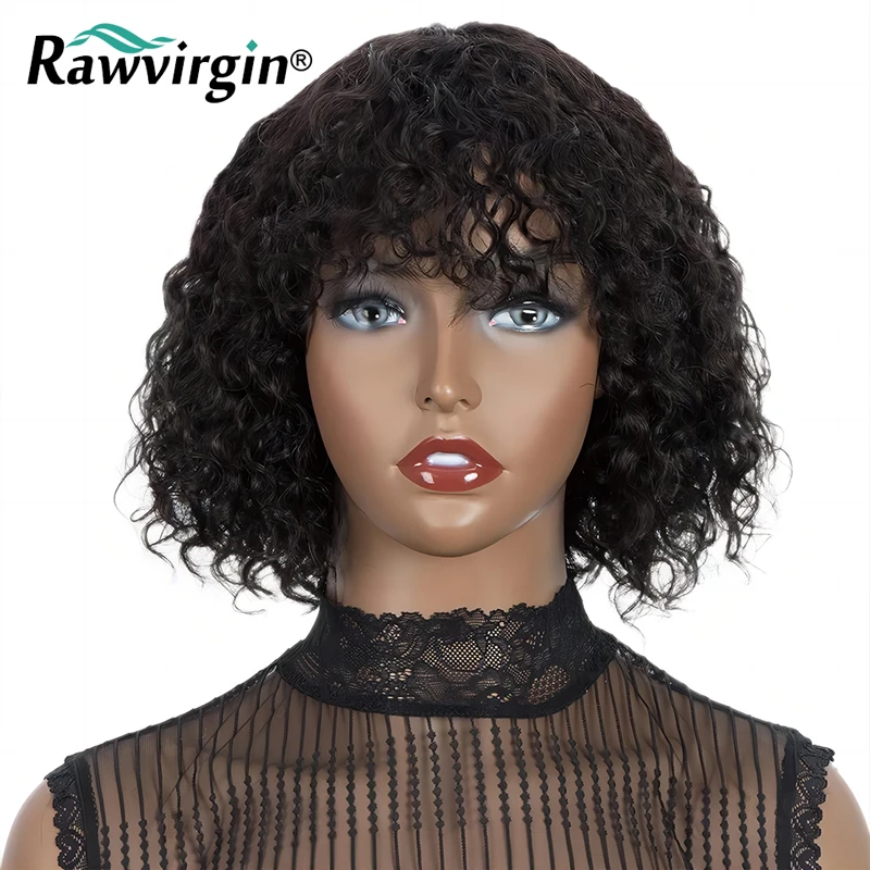 

Kinky Curly Human Hair Wigs With Bang Short Pixie Cut Bob Wig 180% Density Full Machine Made Wigs For Women Glueless Wear And Go