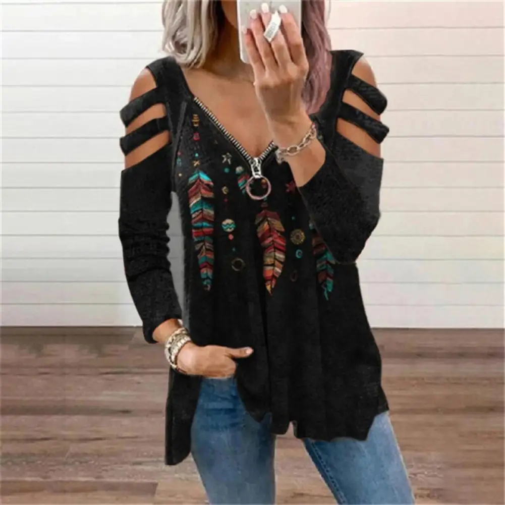Lady Shirt Hollow Out Zipper Fly Casual Spring Blouse V Neck Leaf Print Long Sleeve Autumn Top Pullover Shirt For Daily Wear
Lady Shirt Hollow Out Zipper Fly Casual Spring Blouse V Neck Leaf Print Long Sleeve Autumn Top Pullover Shirt For Daily Wear