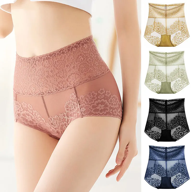 

Women's High Waist Lace Panties Sexy Transparent Seamless Underpants Belly Carry Buttock Underwear Plus Size Solid Color Briefs