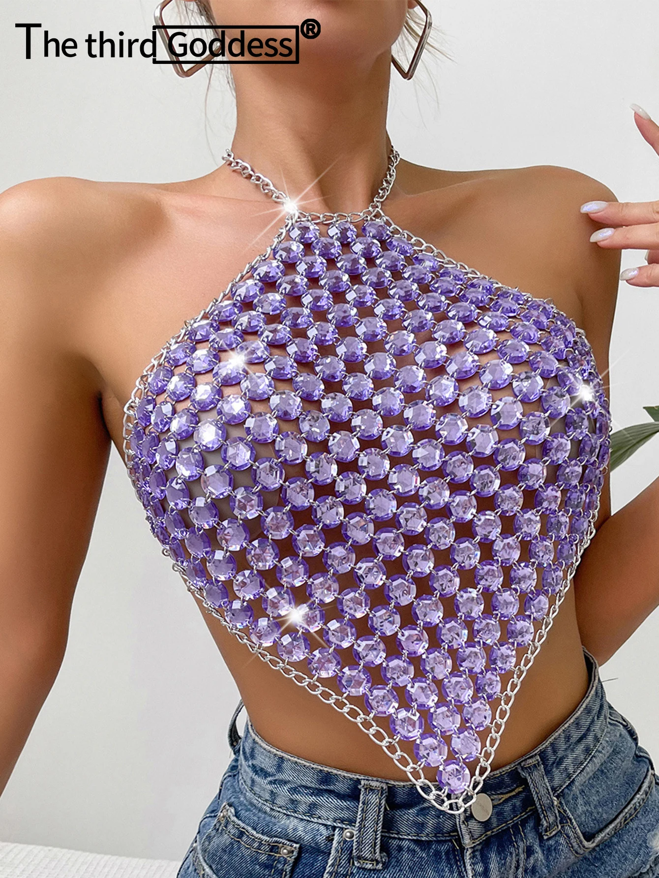 

Sexy see through metal rhinestone Crop top women 2023 summer y2k streetwear tank Tops Club beach party halter top rave outfits