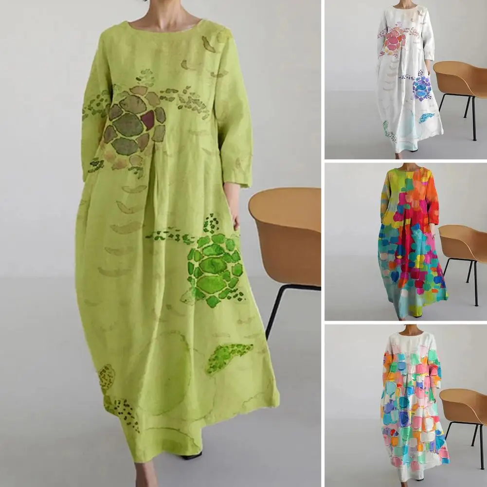 

New Spring Autumn Female Colorful Contrast Color Printed Casual Dress Long Sleeve Round-Neck Vacation Midi Dresses