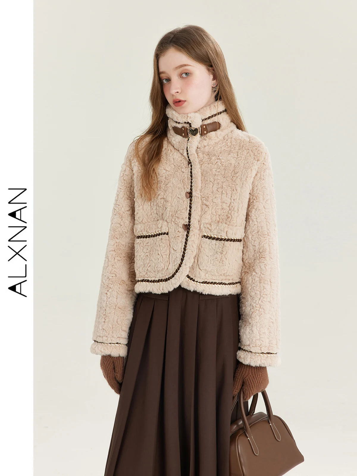

ALXNAN, корейская мода, женская куртка, зимнее теплое стеганое однобортное короткое твидовое пальто с воротником-стойкой и длинными рукавами, верхняя одежда T01037