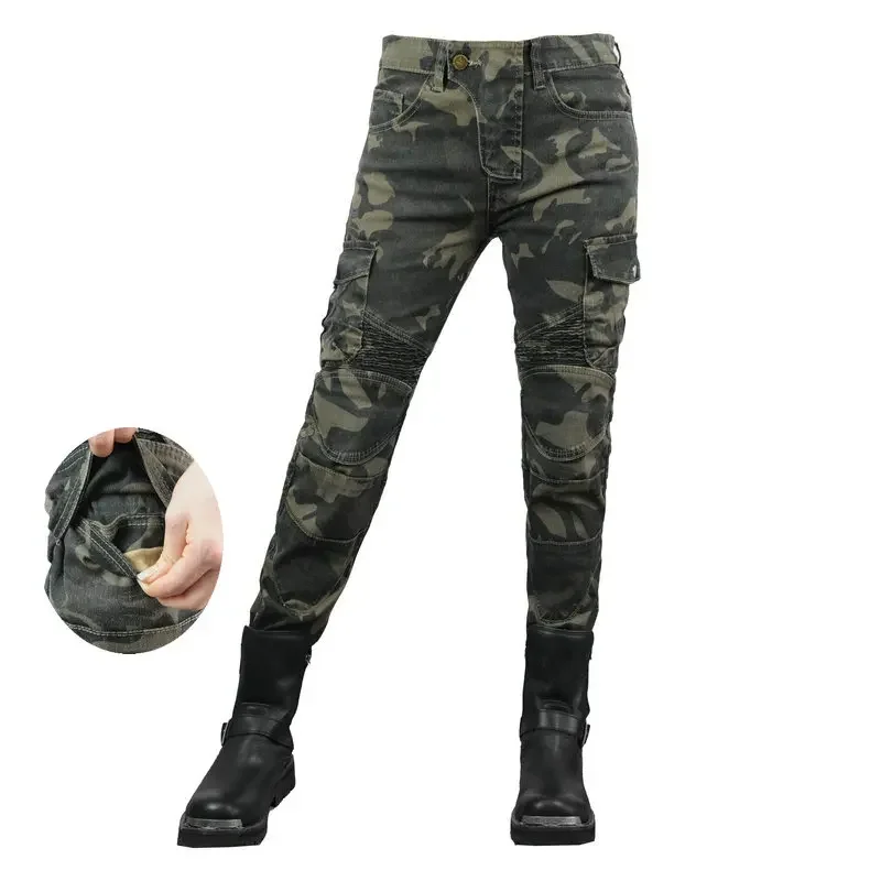 

Female Motorcycle Knight Riding Protective Pants Volero Camouflage Green Locomotive Jeans Women's Straight Casual Trousers