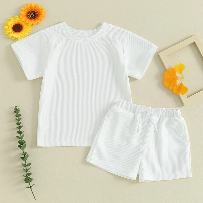 

Летняя одежда для маленьких девочек и мальчиков, футболки с коротким рукавом и шорты, комплект из трикотажной вафельной ткани, 2T, 3T, 4T, 5T, 6T