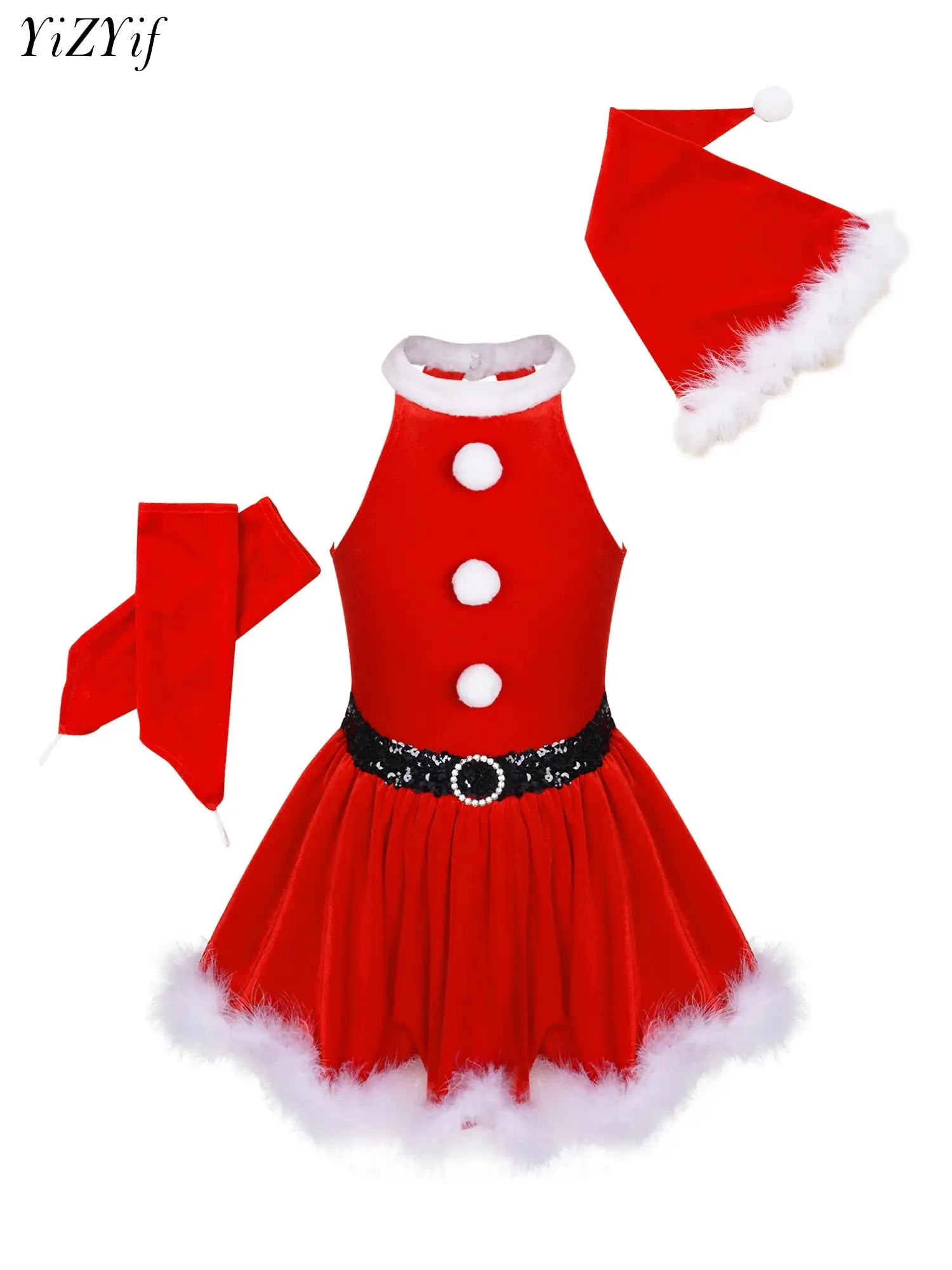 

Christmas Girls Santa Costume Ballet Dance Tutu Dress Figure Skating Xmas Mrs Claus Cosplay Theme Party Outfits with Hat Gloves