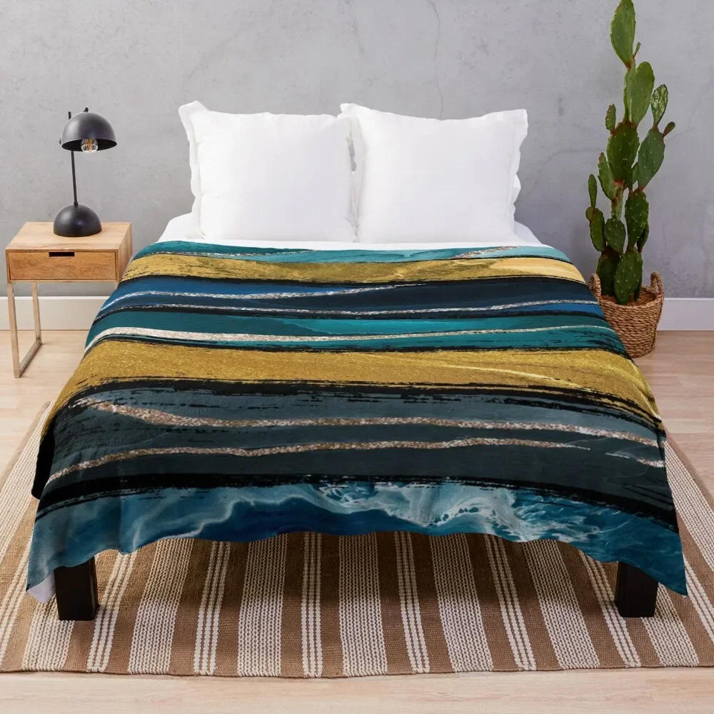 

Abstract Teal and Gold Brushstroke Throw Blanket Soft Beds Soft Plush Plaid Plush Sleeping Bag Blankets