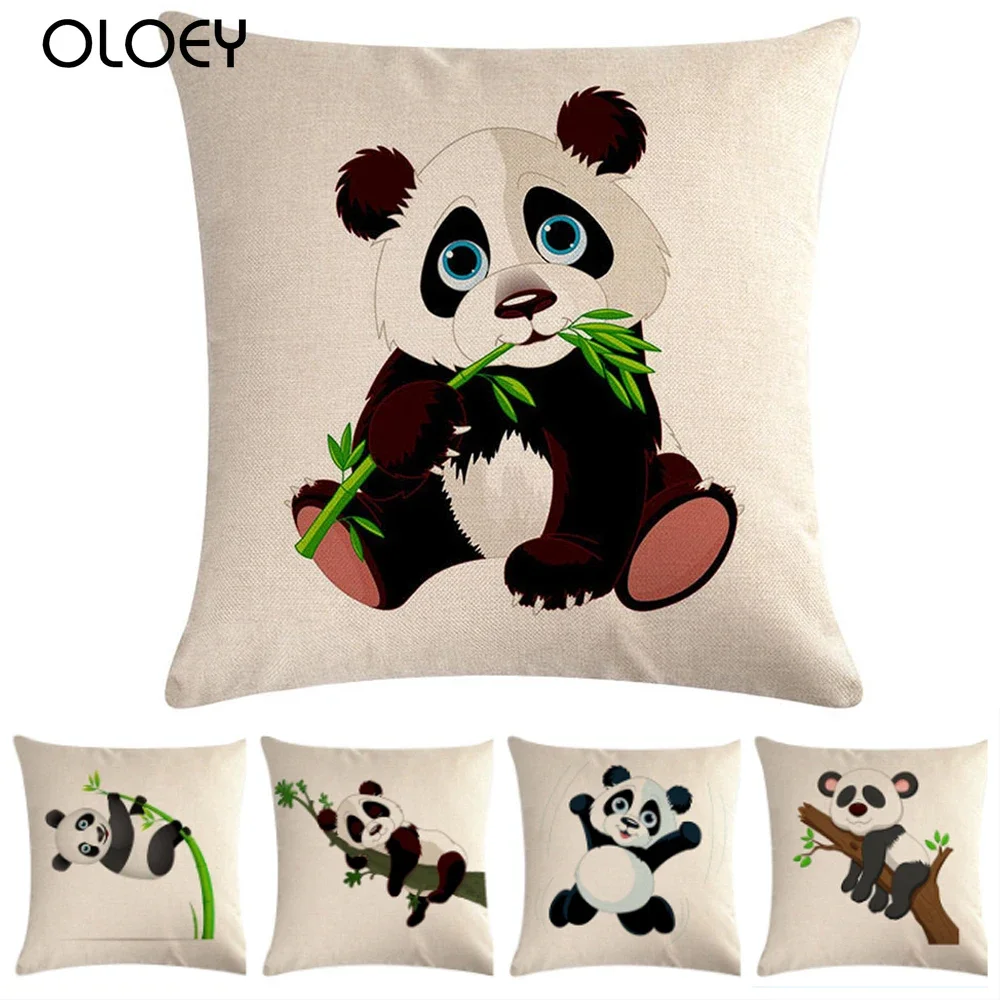 

45*45cm Cartoon Panda Cushion Cover Printed Cotton Linen Throw Pillow Cover Sofa Cushion Case Home Decor Flax Pillowcase