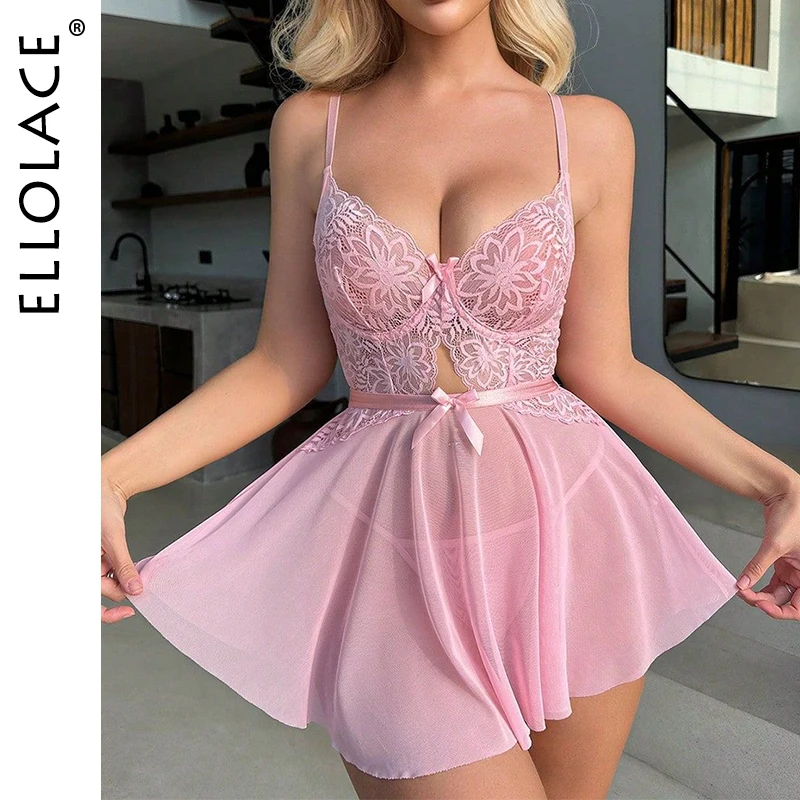 

Ellolace Sexy Sleepwear Lace Dress Light Pink Translucent Nightwear Ruffle Mesh Attractive Short Dresses Nighty Fantasy Lingerie