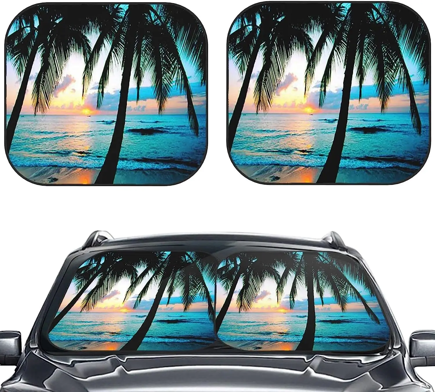 

Seaside Palm Tree Beach Car Windshield Sun Shade Auto Foldable 2pcs Window Sunshades for Most Windshield Sun Visor Protector