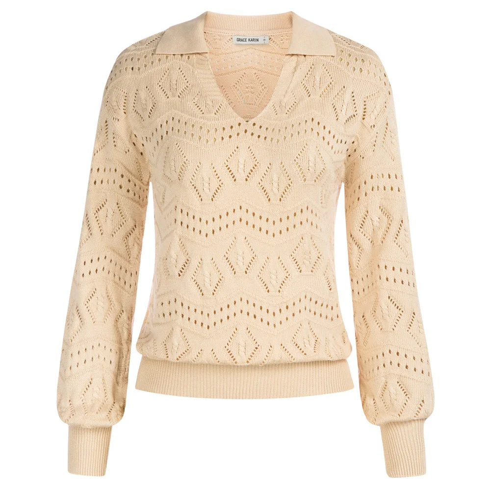 GRACE KARIN Women Hollow Out Sweater Lapel Collar V-Neck Long Sleeve Knitwear Casual Pullover Sweater Jumper Top A30
GRACE KARIN Women Hollow Out Sweater Lapel Collar V-Neck Long Sleeve Knitwear Casual Pullover Sweater Jumper Top A30