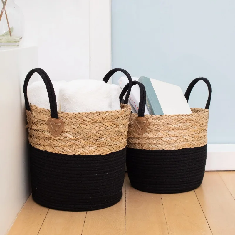 

Set of 2 Round Storage Basket, Braided Seagrass & Cotton Rope (LG+MD), Natural & Black