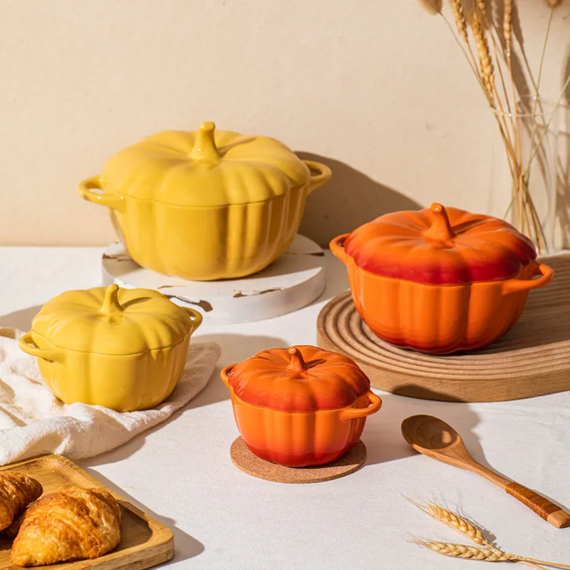 

Creative Pumpkin Shape Soup Bowl Ceramic Bird's Nest Steamed Egg Stew Cup Covered With Double-ear Noodles Bowl Home Kitchen Bowl