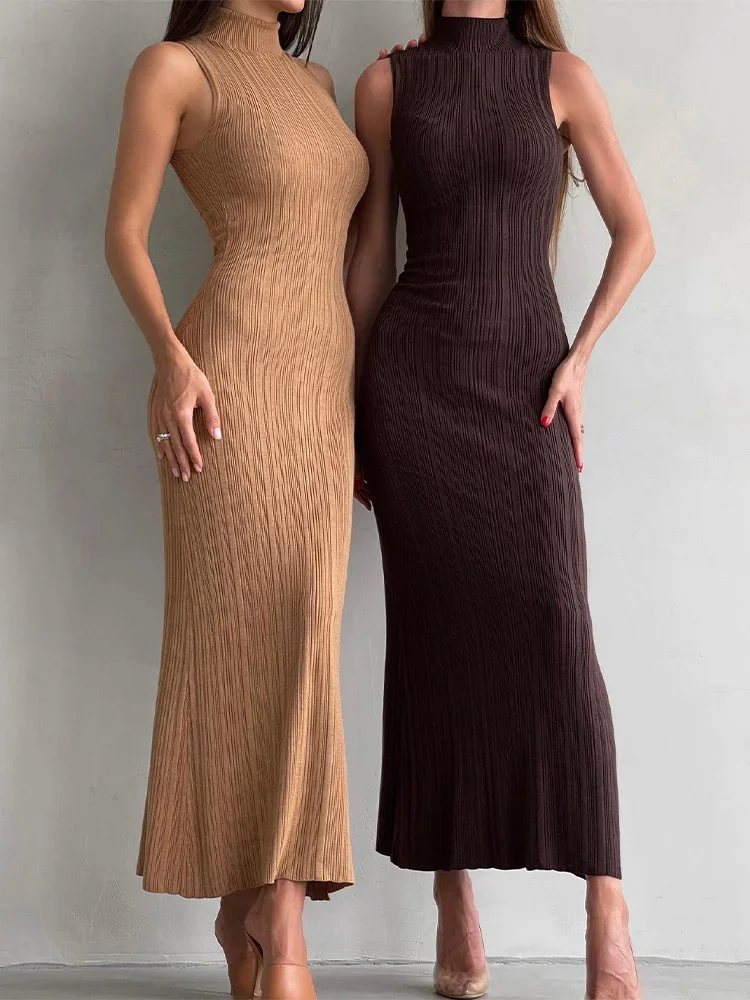 

Tossy Sleeveless Knitwear Turtleneck Long Dress Female Slim Elegant Fashion Autumn 2023 Ribbed Knit Dress For Women Maxi Dress