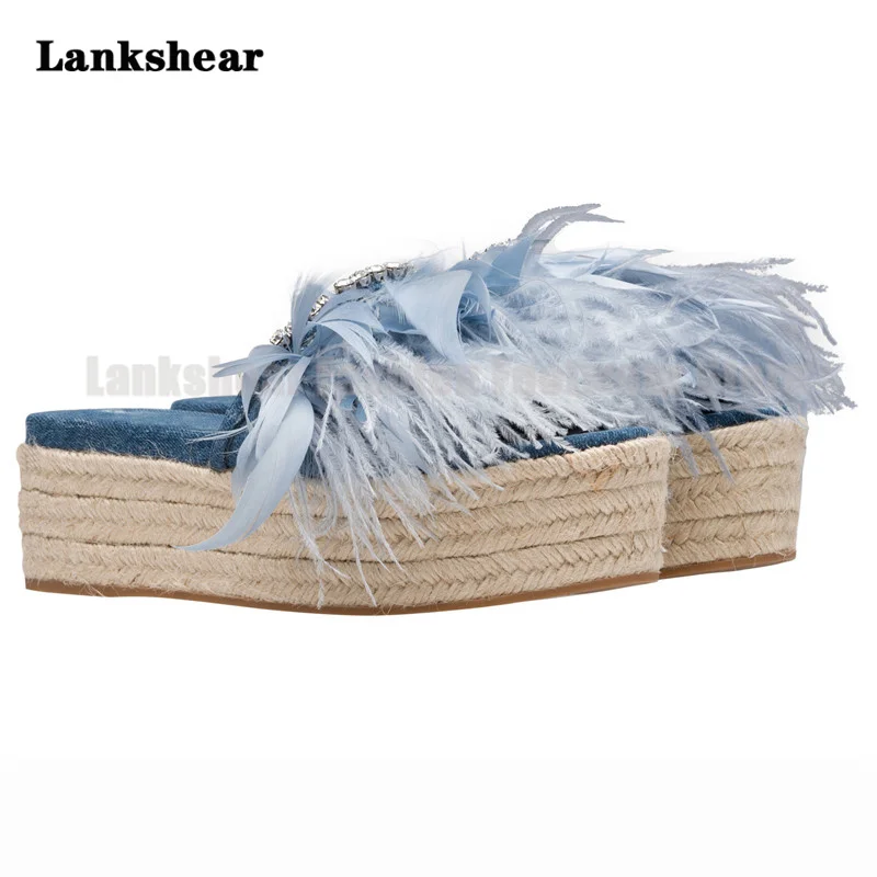 

Denim Rhinestone Platform Slippers Straw Blue Feather Slippers Women's Thick-Soled Fisherman's Shoes Summer New Women's Shoes