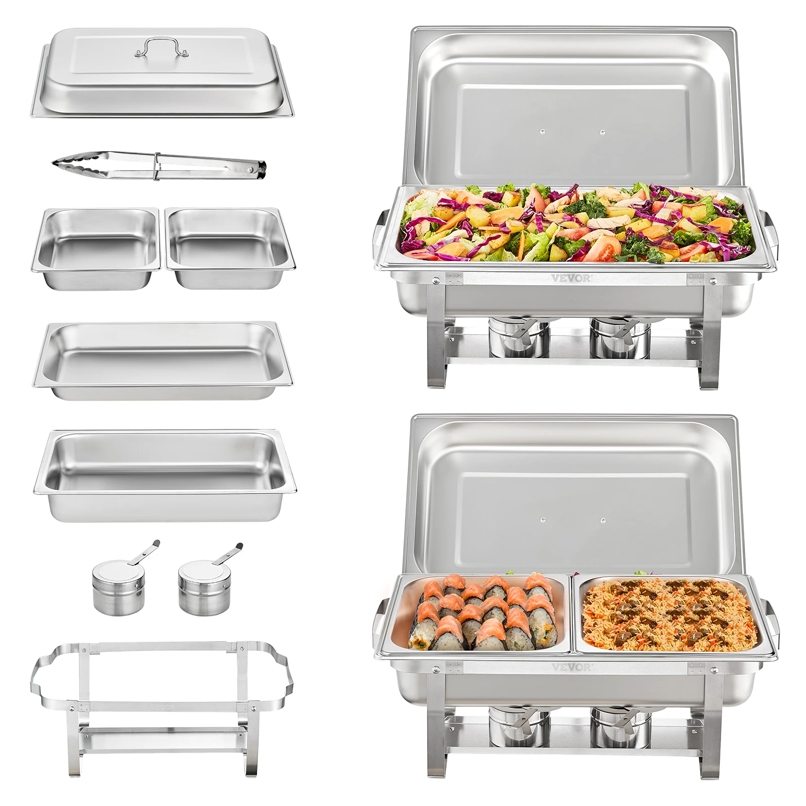 

VEVOR 8QT 2 Pack Chafing Dish Buffet Set Stainless Chafer w/ 2 Full & 4 Half Size Pans Rectangle Catering Warmer Server with Lid