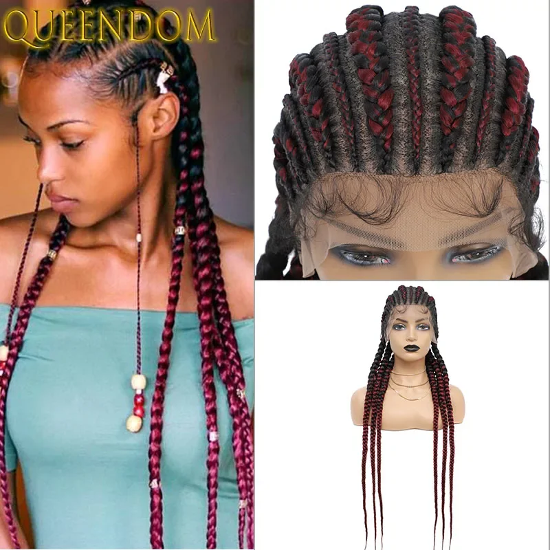 

Ombre Wine Red Full Lace Box Braids Wig with Baby Hairs 36inch Long Cornrow Braid Lace Front Wigs Synthetic Knotless Braided Wig