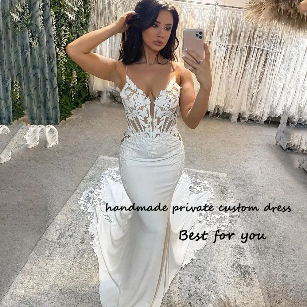 

Белое свадебное платье с юбкой-годе для невесты, кружевное атласное платье невесты с аппликацией и V-образным вырезом, на бретелях-спагетти, женское пляжное платье с открытой спиной