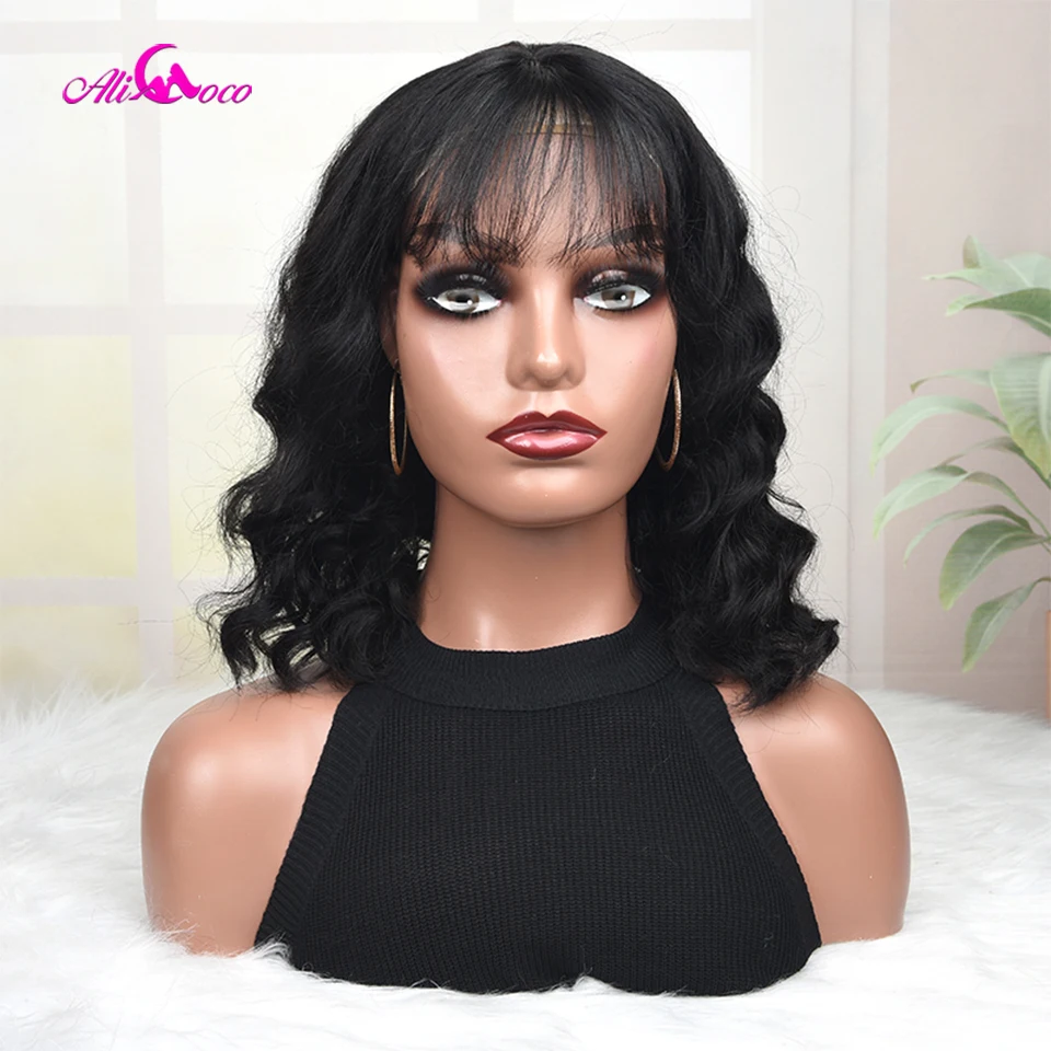 

180 Density Short Bob Wigs With Bangs 4x1 Lace Top Scalp Long Wavy Fringe Wig Brazilian Human Hair Glueless Bang Wigs For Women