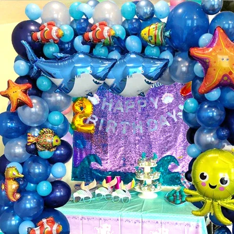 

Sea animal Ocean world Theme Under The Dark Blue balloons Garland Kit Birthday Party Decorations Kids baby shower party 101Pcs