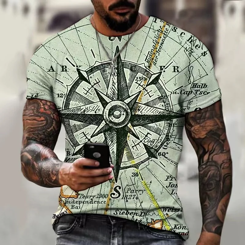 

Europe and America Vintage Elements Compass 3D Print Summer Fashion Men's Plus Size 6 XLT Shirt Short Sleeve