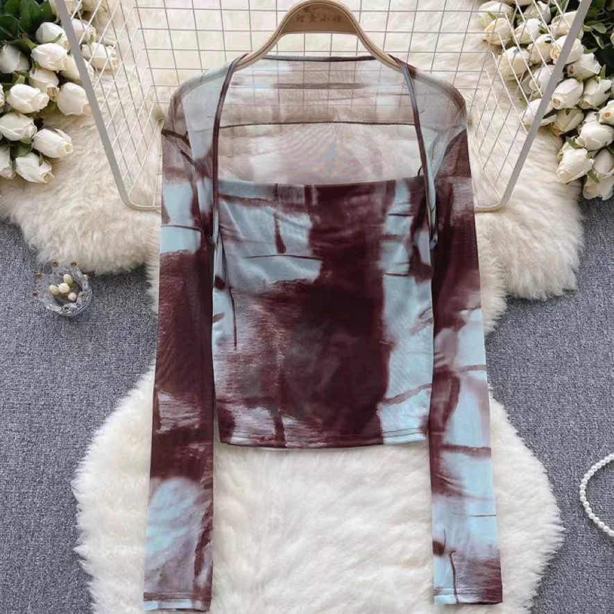 Women Tie Dye Top Tees Slim Stretch Sexy Korean Gauze Mesh T-shirt Fashion Square Neck Long Sleeve Tshirt 2023
Women Tie Dye Top Tees Slim Stretch Sexy Korean Gauze Mesh T-shirt Fashion Square Neck Long Sleeve Tshirt 2023