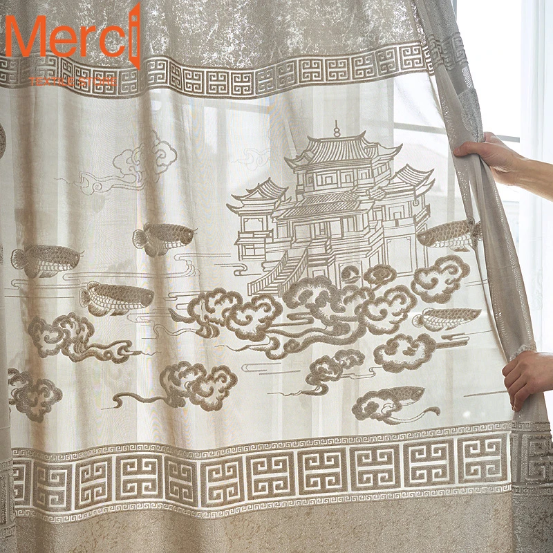 

Chinese Style Curtains for Living Dining Room Bedroom Window Screen Tea Room Relief National Style Classical Tulle Custom