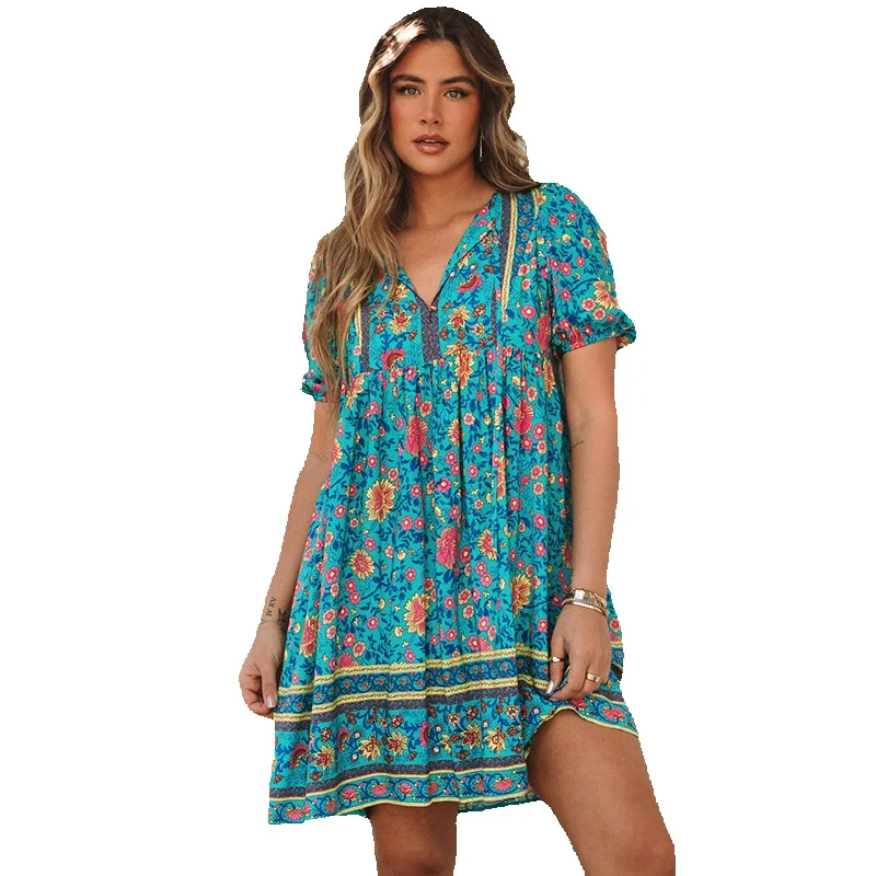 Женское летнее платье до колен, короткая юбка в этническом стиле с высокой талией и V-образным вырезом 
Женское летнее платье до колен, короткая юбка в этническом стиле с высокой талией и V-образным вырезом