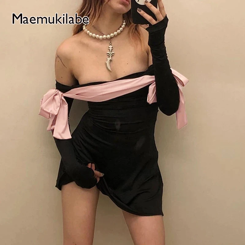 

Maemukilabe Korean Kawaii Bowknot Off Shoulder Mini Dress 90s Vintage Long Sleeve Backless A-line Dress Y2K Fairycore Streetwear