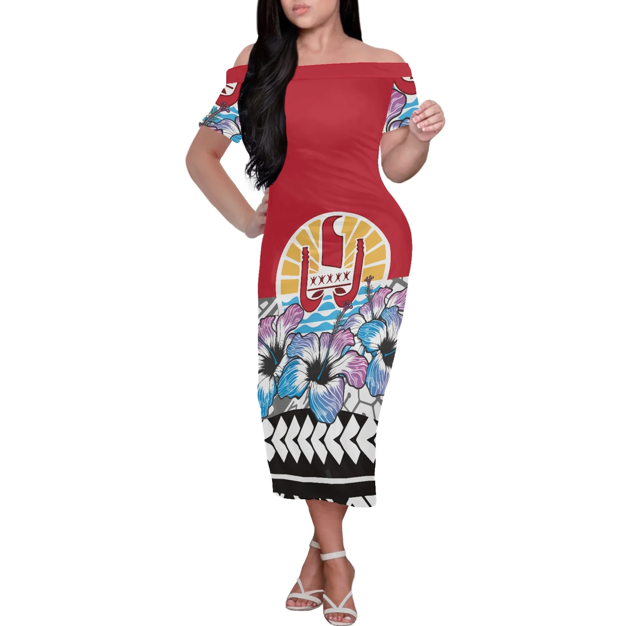 

Hawaiian Samoa Style New Design Long Dress Polynesian Tribal Women Hibiscus Banner Printing Short Sleeve Off Shoulder Dresses