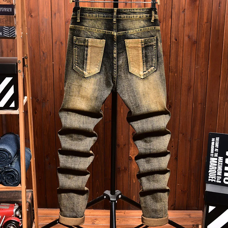 

Retro Make Old Ripped Jeans Men's Stretch Yellow Mud Color Nostalgic Trendy Patch Slim-Fitting Ankle-Tied Motorcycle Trousers
