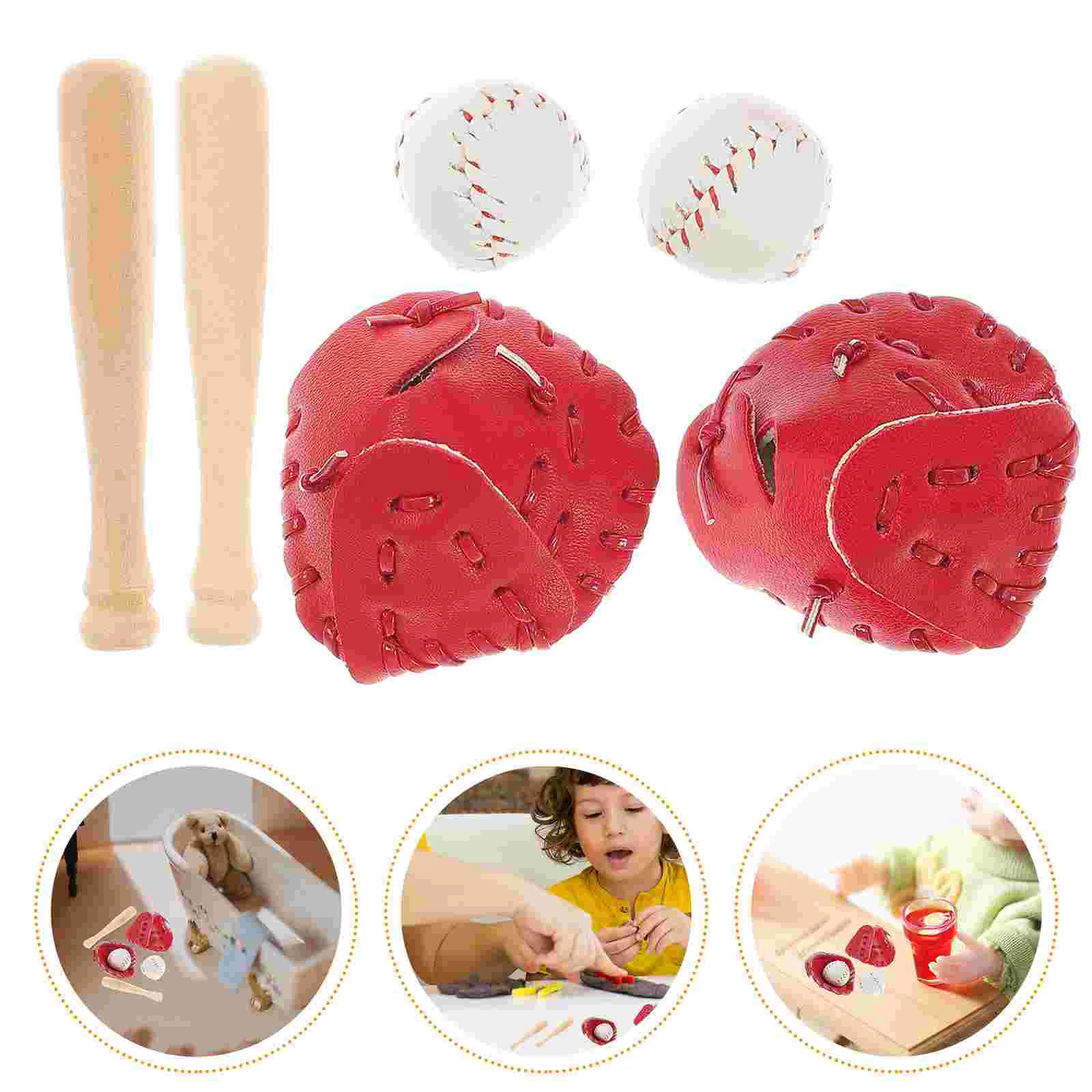 

2 Sets Baseball Bat Glove Miniature Ornaments for Kids Pretend Sports Toys Wood Miniatures Crafts Playsets Girls Child