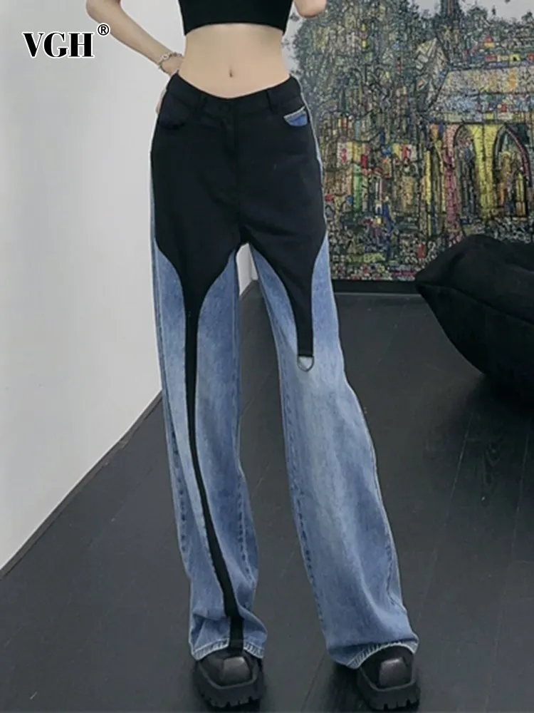 

VGH hit color patchwork button denim trousers for women high waist spliced pocket minimalist casual wide leg pants female new