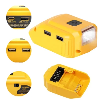 Dewalt-20v Max 18V 배터리 어댑터, 오리지널 DCB090 전원 변환기, 듀얼 USB DC 12V LED 작업 표시등 포함