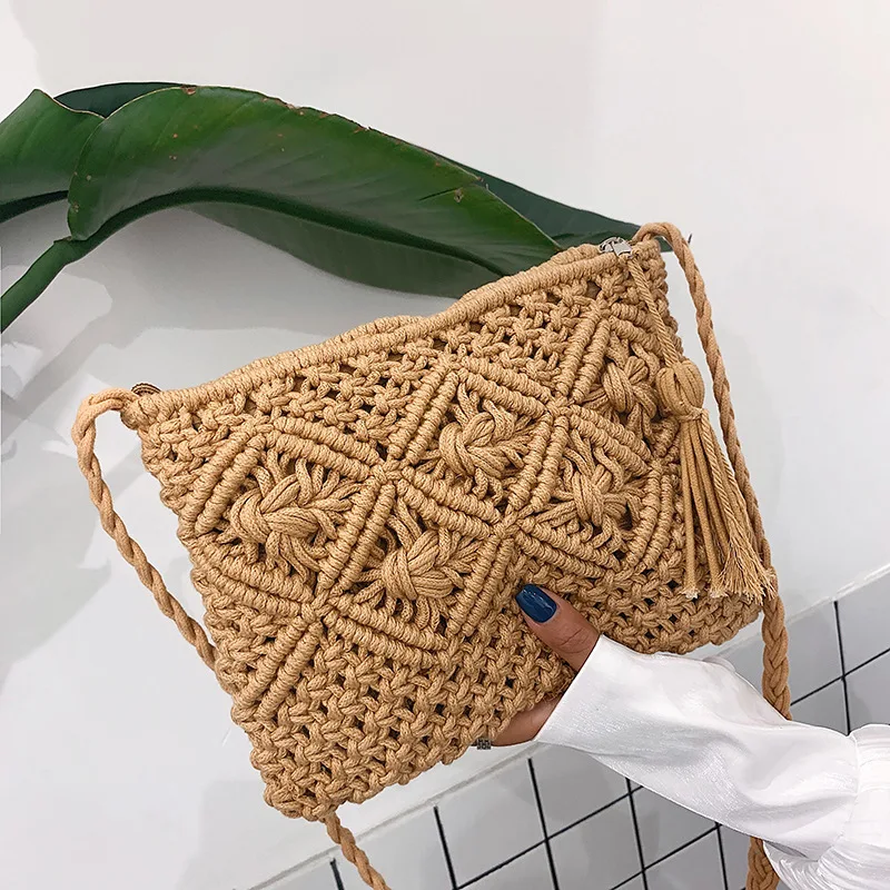 

Straw Women Hand Bags Simple Handmade Rope Vintage Tassels Crochet Macrame Beach Bags Clutch Purses and Handbags Ladies