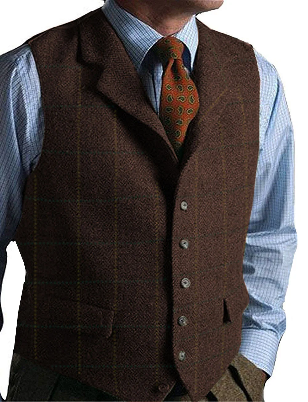 

Mens Tweed Suit Vest Formal Dress Check Waistcoat Herringbone Business Blazer Vest with 2 Flap Pockets Slim Fit Costume Homme