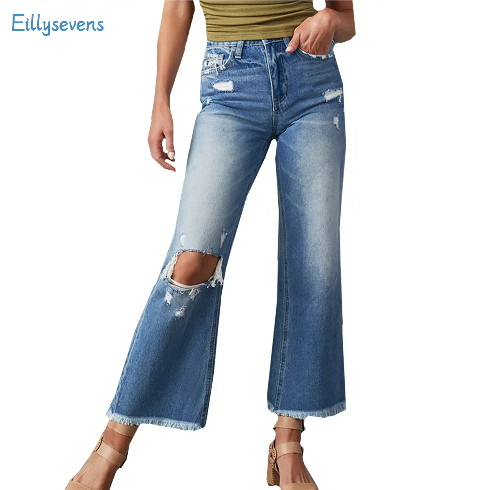 

Women'S 2024 New Jeans Summer Fringed Washed Ripped Cropped Jeans Fashion Casual Commuting All-Match Mid-Waist Flared Jeans