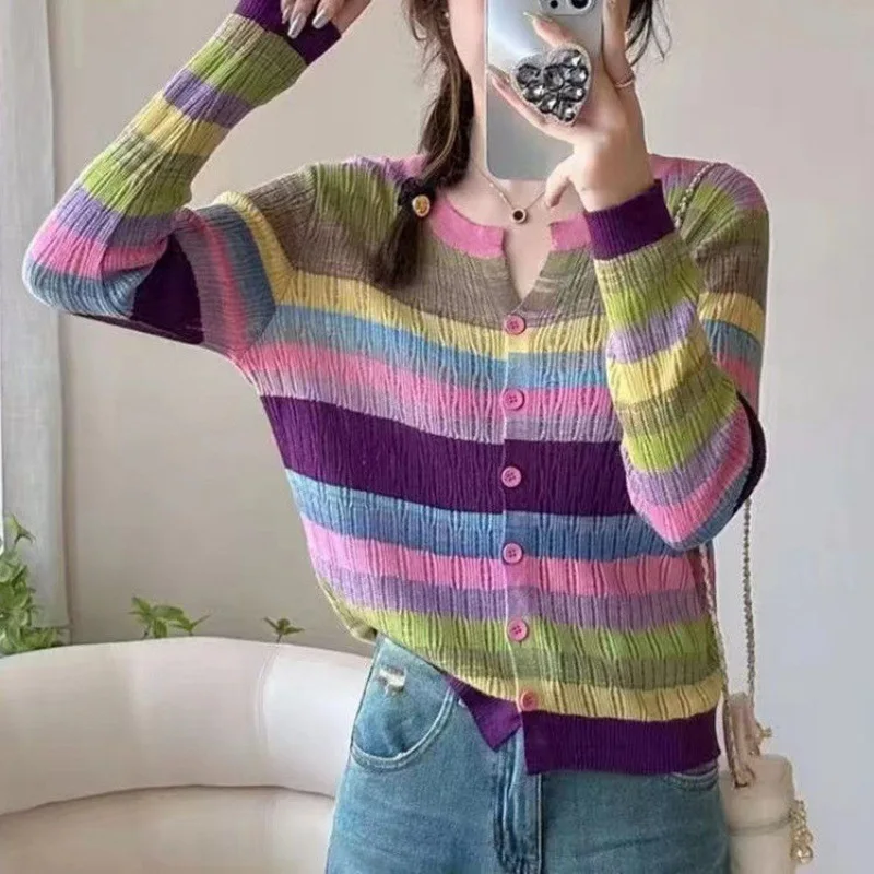 Colorful Striped Knitted Sweaters Single Breasted Soft Slim Short Cardigans Coats Streetwear Women Casual Sweater
Colorful Striped Knitted Sweaters Single Breasted Soft Slim Short Cardigans Coats Streetwear Women Casual Sweater