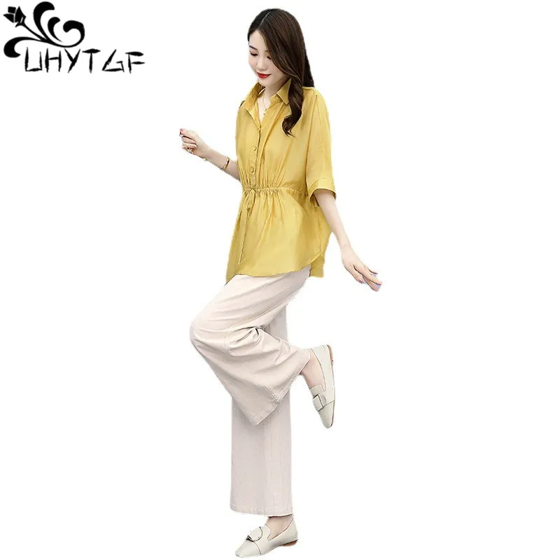 

UHYTGF Summer Two Piece Set For Women Fashion Cotton Linen Wide-Leg Pants Suit Female Casual Thin Large Size Tracksuit Ladie 384