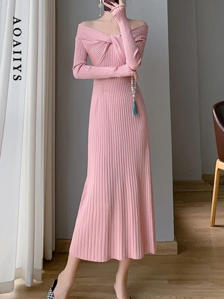 

Aoaiiys Pink Dress for Women Dresses 2023 Autumn New Slim Knitted Designer Slash Neck Solid High Waisted Dress Mid-Calf Clothing