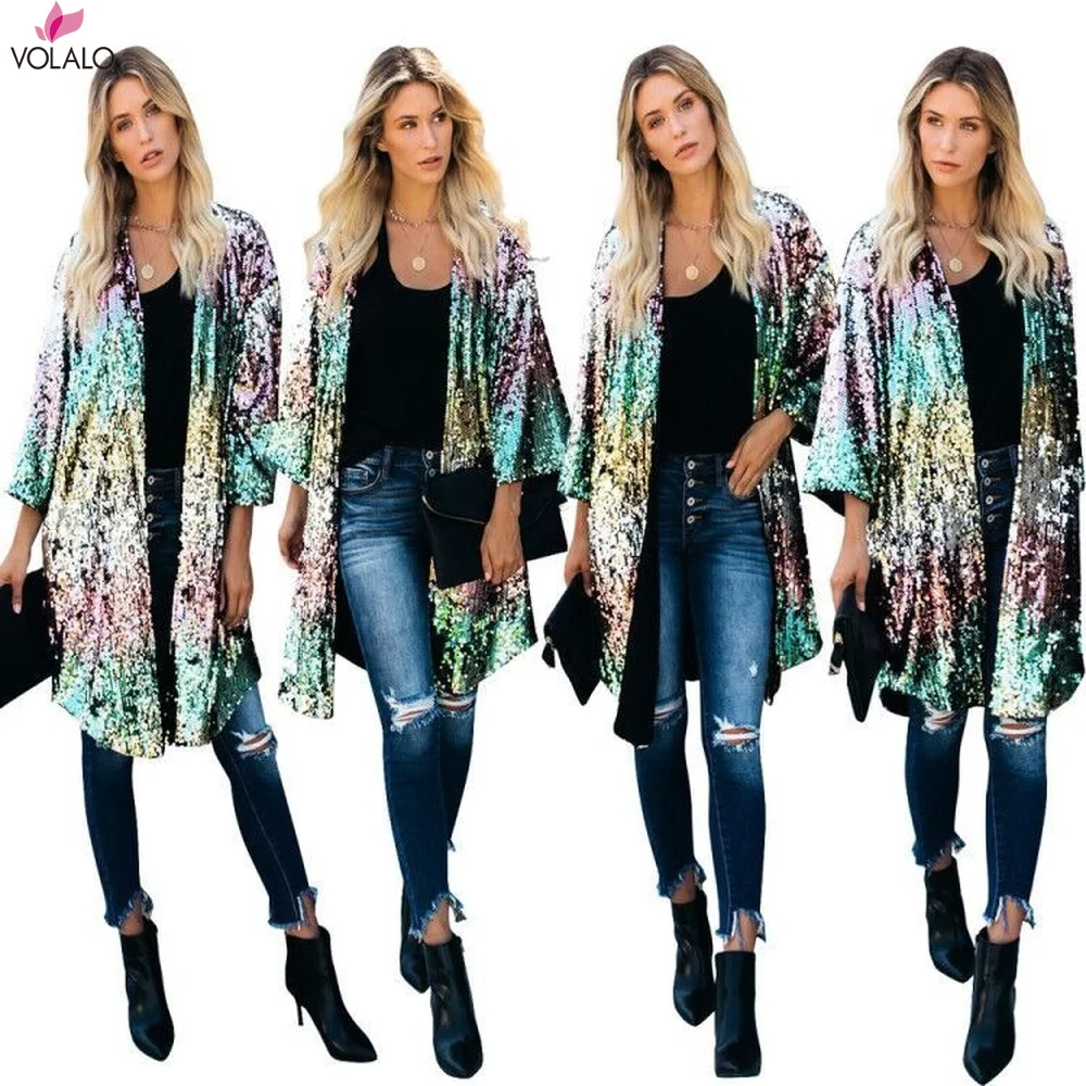 

VOLALO Fall Gradient Sequined Long Jackets Women Long Sleeve Open Stitch Loose Coats Streetwear Ladies Outwear Elegant Cardigans