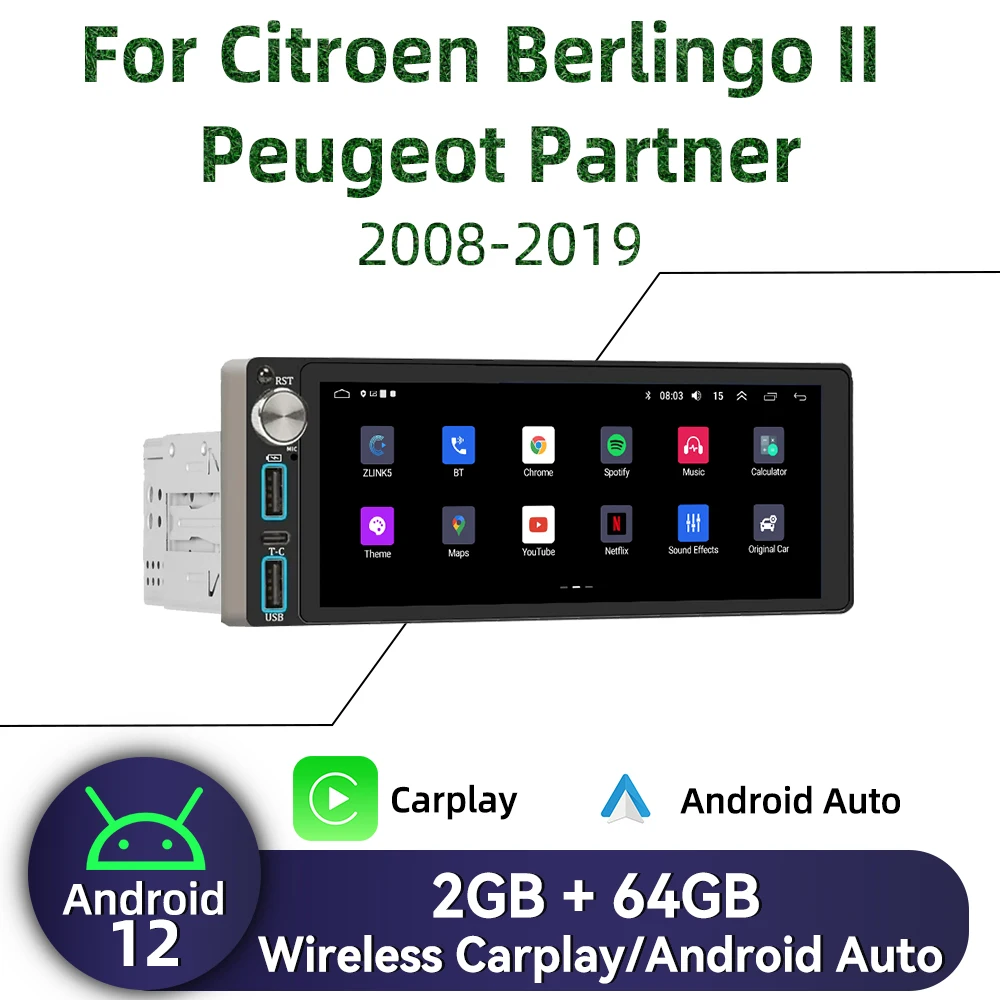 

Carplay 6.86" Screen Multimedia 1Din Android Car Radio for Citroen Berlingo II Peugeot Partner 2008-2019 Head Unit Autoradio GPS