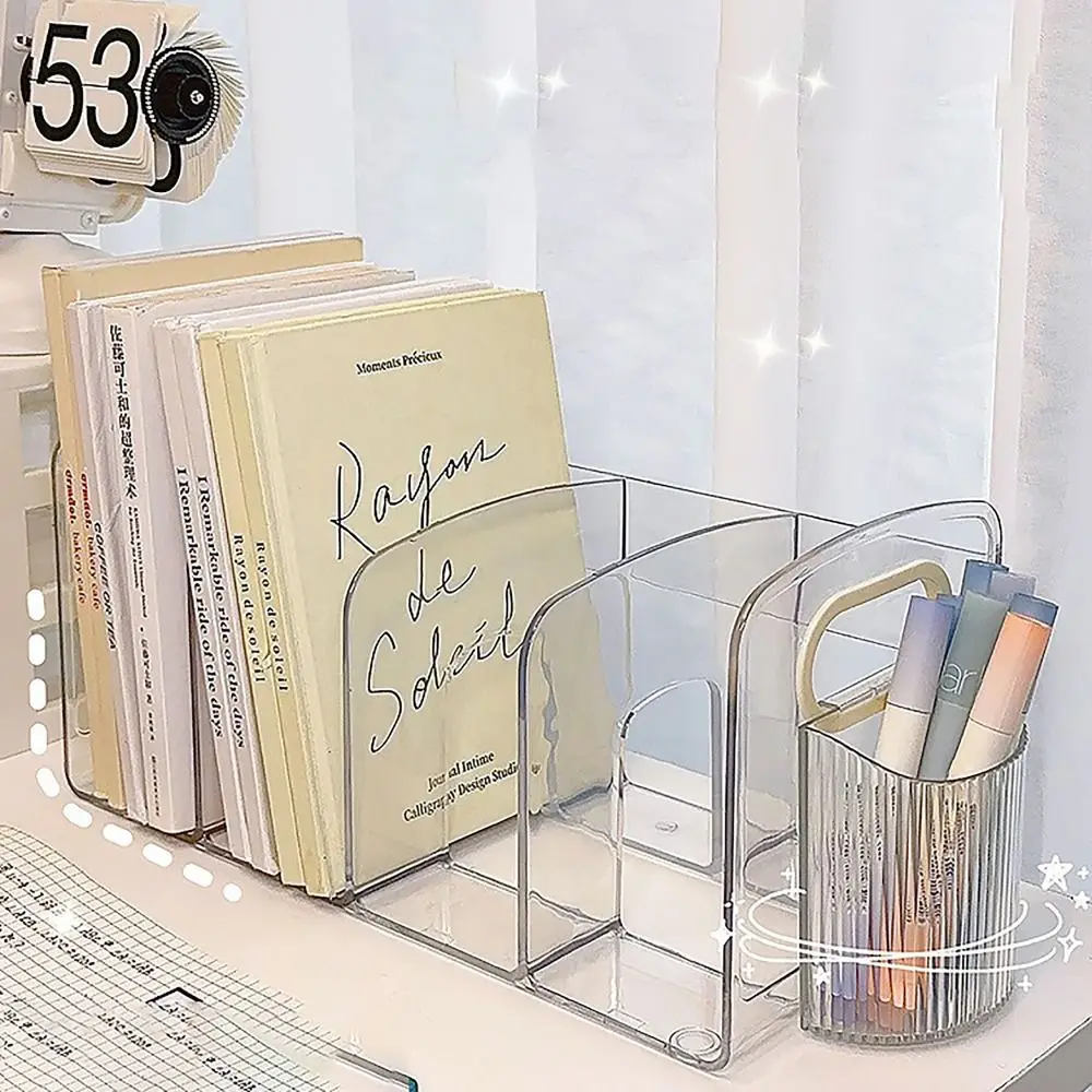 

Clear Acrylic Bookends Portable Desk Organizer with Handle Divided Book Stand Desktop Sorting Rack Student